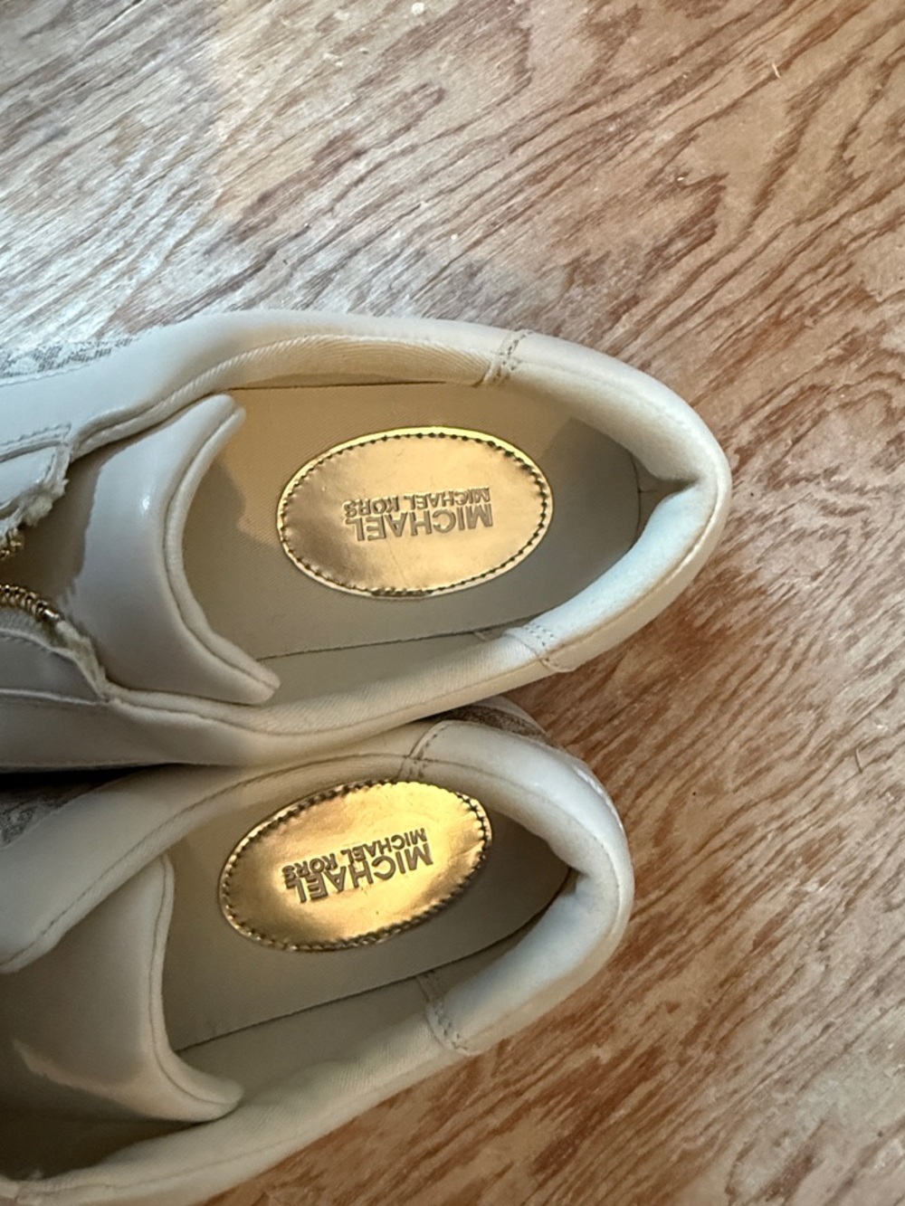 Michael Kors Beige and White Monogram Zip-Front Slip-On Sneakers - Picture 8 of 9